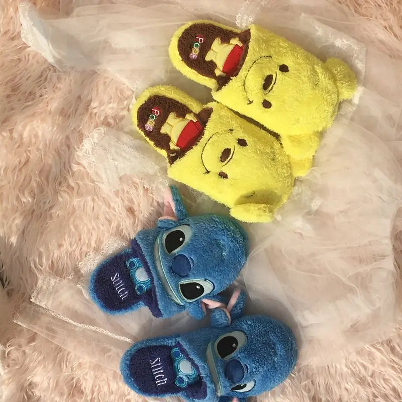Lilo and Stitch Disney Plush Slippers Kawaii Cartoon Anime Winnie The Pooh Accessories Home Bottom Plate Casual Cotton Slippers