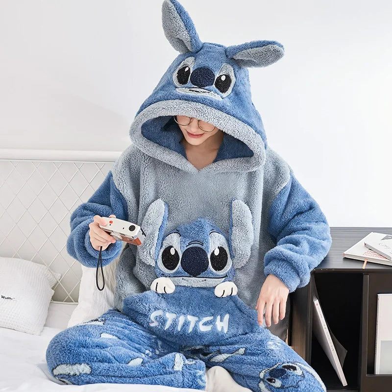 Cartoon Disney couple pajamas winter warm   couple suit hooded plush two-piece set Disney   loungewear Stitch women's pajamas