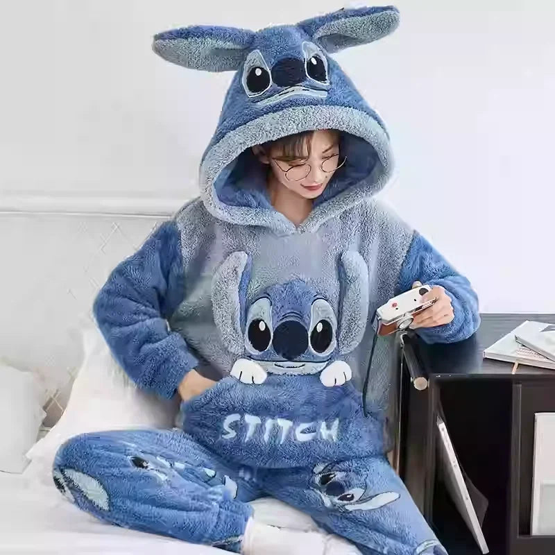 Cartoon Disney couple pajamas winter warm   couple suit hooded plush two-piece set Disney   loungewear Stitch women's pajamas