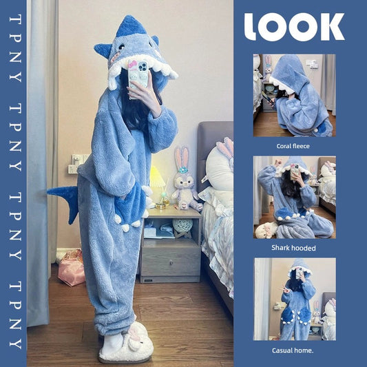 Sweet Cute Shark Hooded Coral Velvet Pajamas Women's 2023 Autumn and Winter Thickened Heattech One-Piece Nightgown Can Be Worn outside