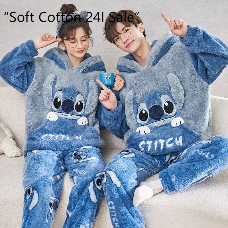 Cartoon Disney couple pajamas winter warm   couple suit hooded plush two-piece set Disney   loungewear Stitch women's pajamas