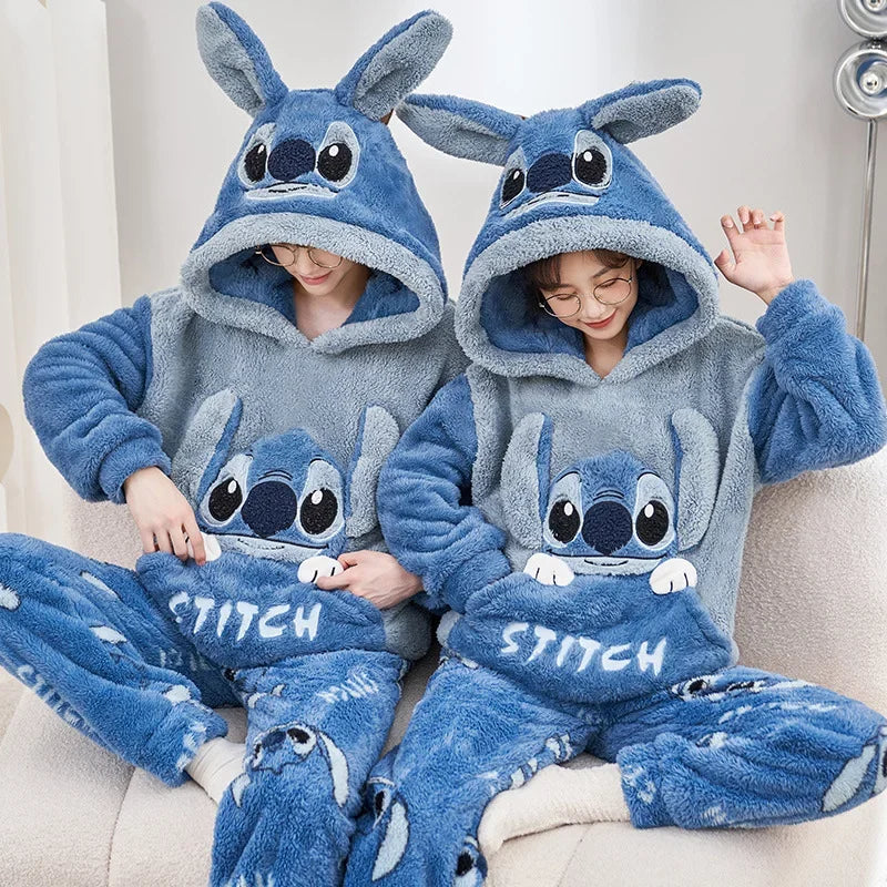 Cartoon Disney couple pajamas winter warm   couple suit hooded plush two-piece set Disney   loungewear Stitch women's pajamas