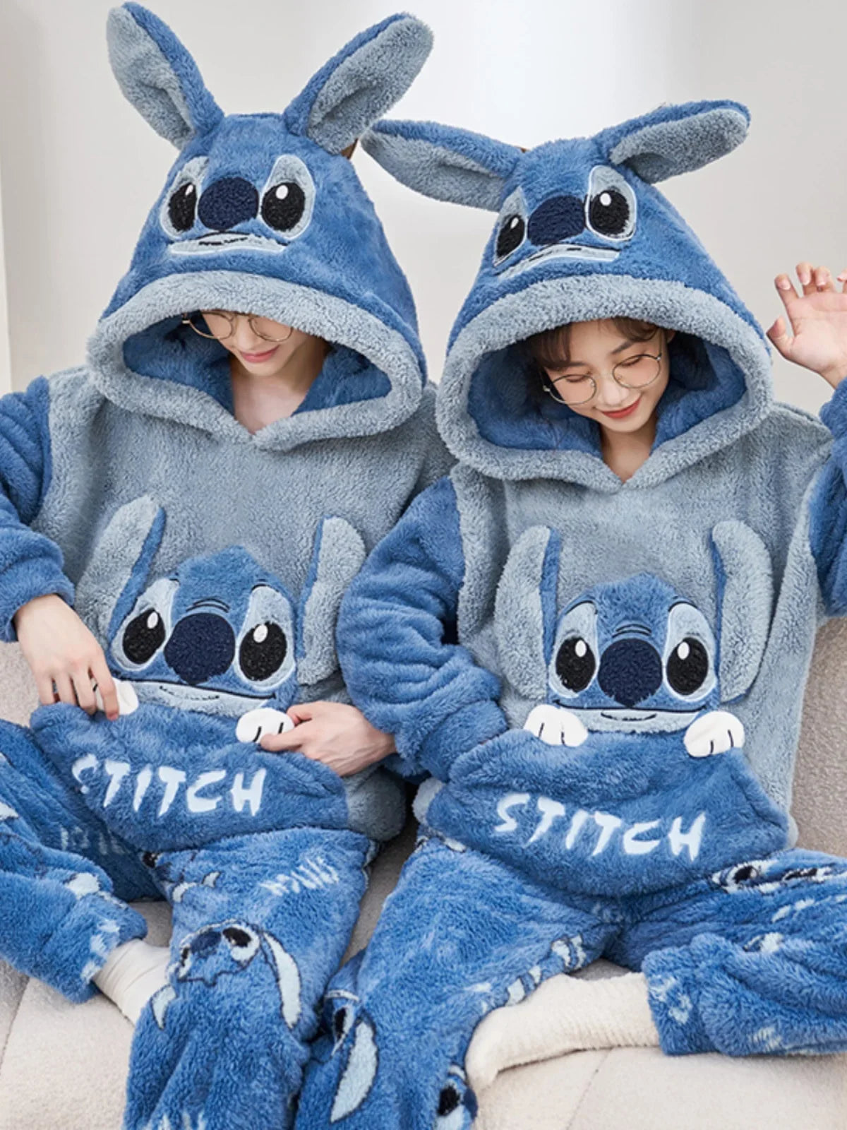 Cartoon Disney couple pajamas winter warm   couple suit hooded plush two-piece set Disney   loungewear Stitch women's pajamas