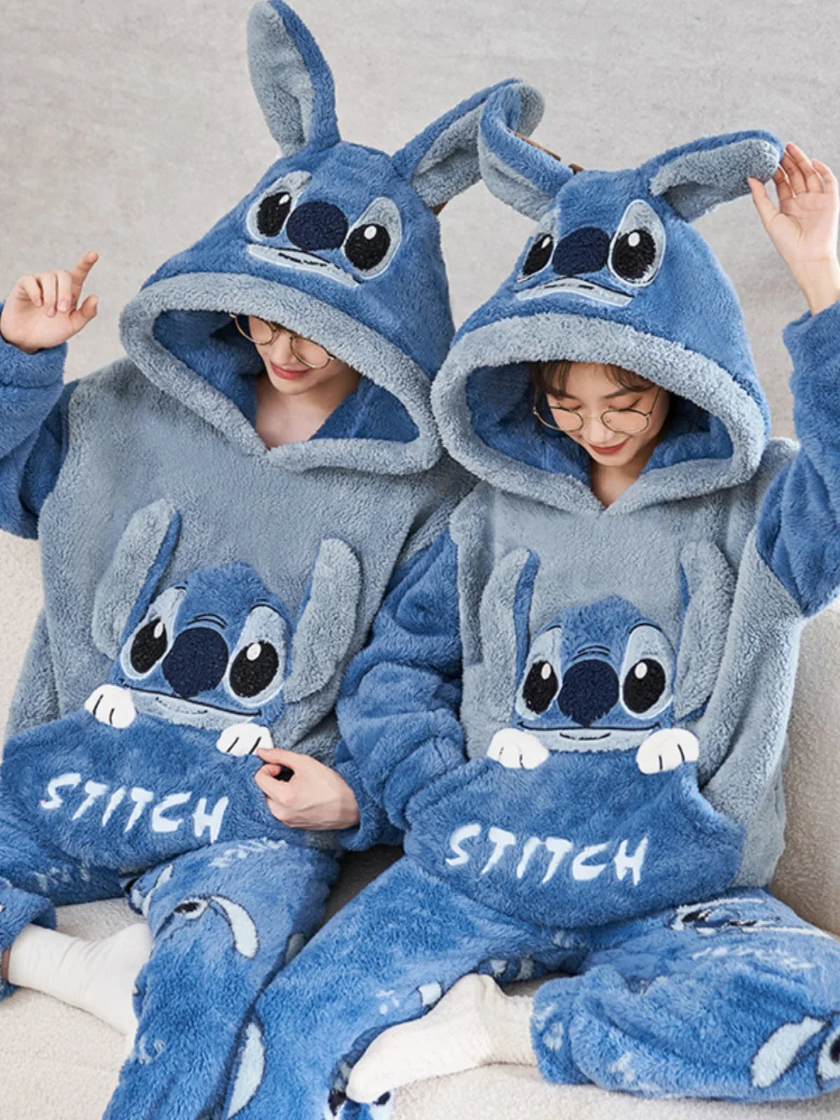 Cartoon Disney couple pajamas winter warm   couple suit hooded plush two-piece set Disney   loungewear Stitch women's pajamas